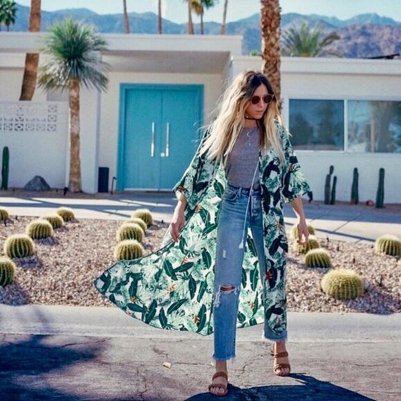 💕RACHEL ZOE COLLECTION💕 Palm Print Duster ~ Tropical Caftan Dress One Size NWT - Picture 8 of 15